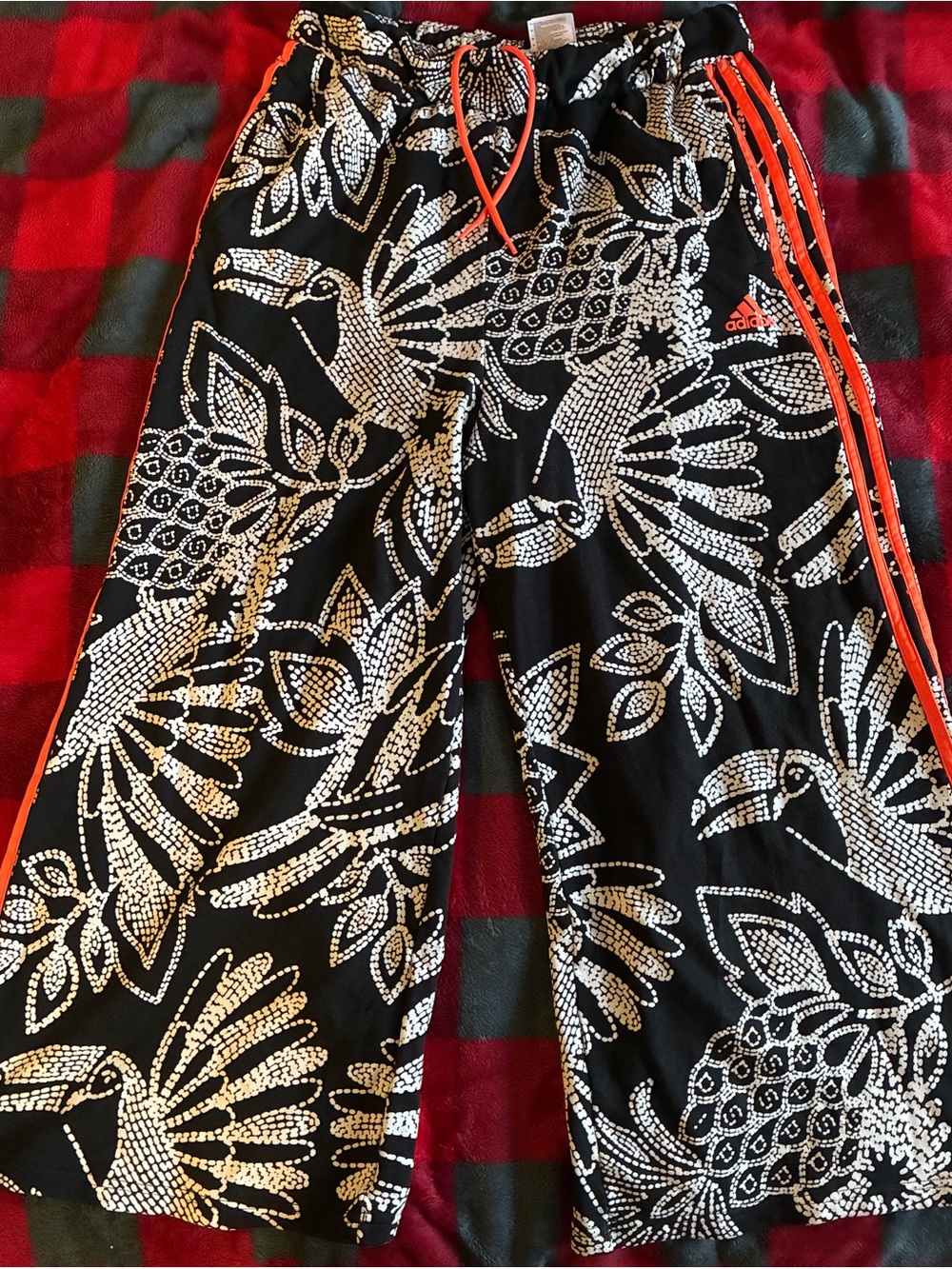 adidas Black Joggers with White Floral Bird Print and Orange Accents